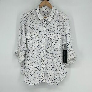 BILLY T Misha Heart Roll Sleeve Tab Button Up‎ Shirt XL White Blue Print Casual
